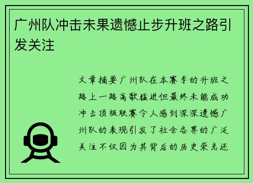 广州队冲击未果遗憾止步升班之路引发关注