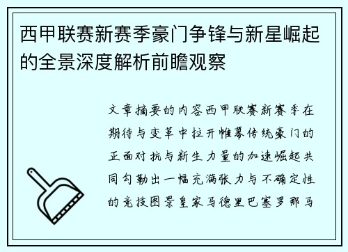 西甲联赛新赛季豪门争锋与新星崛起的全景深度解析前瞻观察